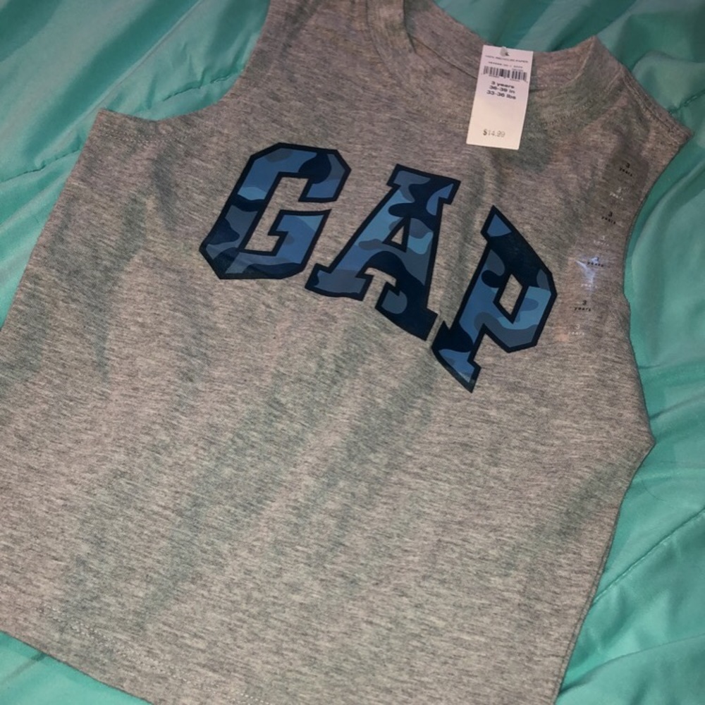 Gray GAP tank size 3 with blue camo letters